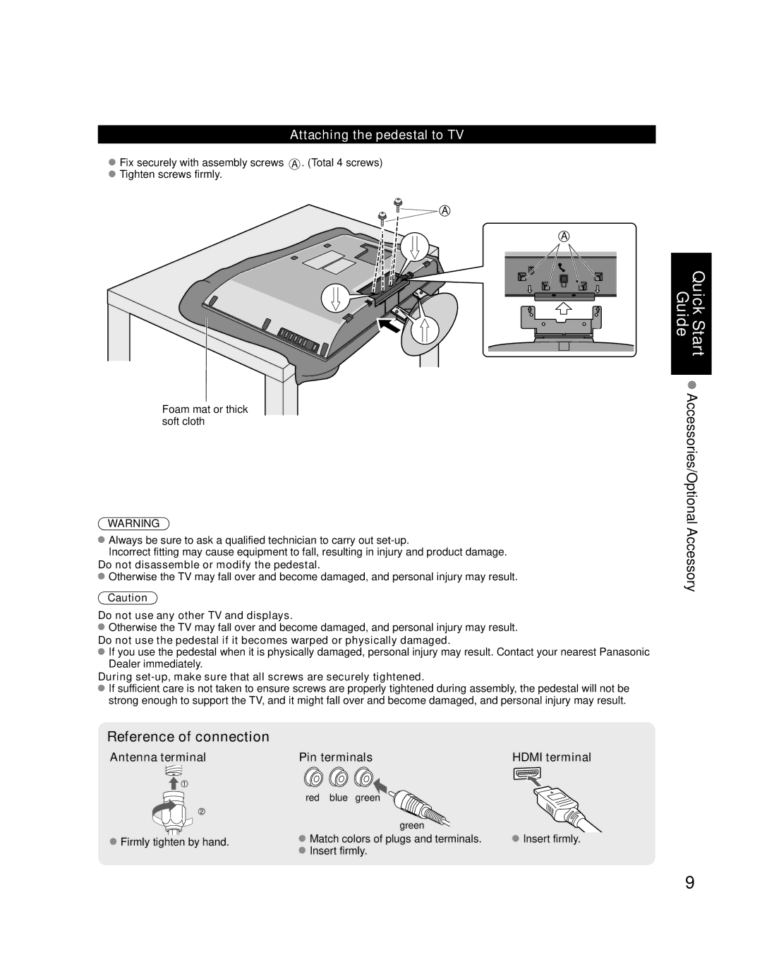 Panasonic TC-26LX14 quick start Attaching the pedestal to TV, Antenna terminal, Pin terminals Hdmi terminal 