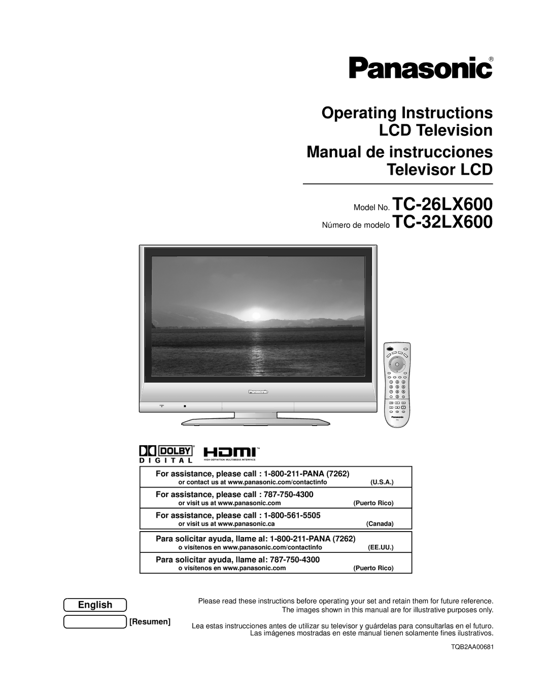 Panasonic TC 26LX600 operating instructions For assistance, please call 1-800-211-PANA, Resumen 