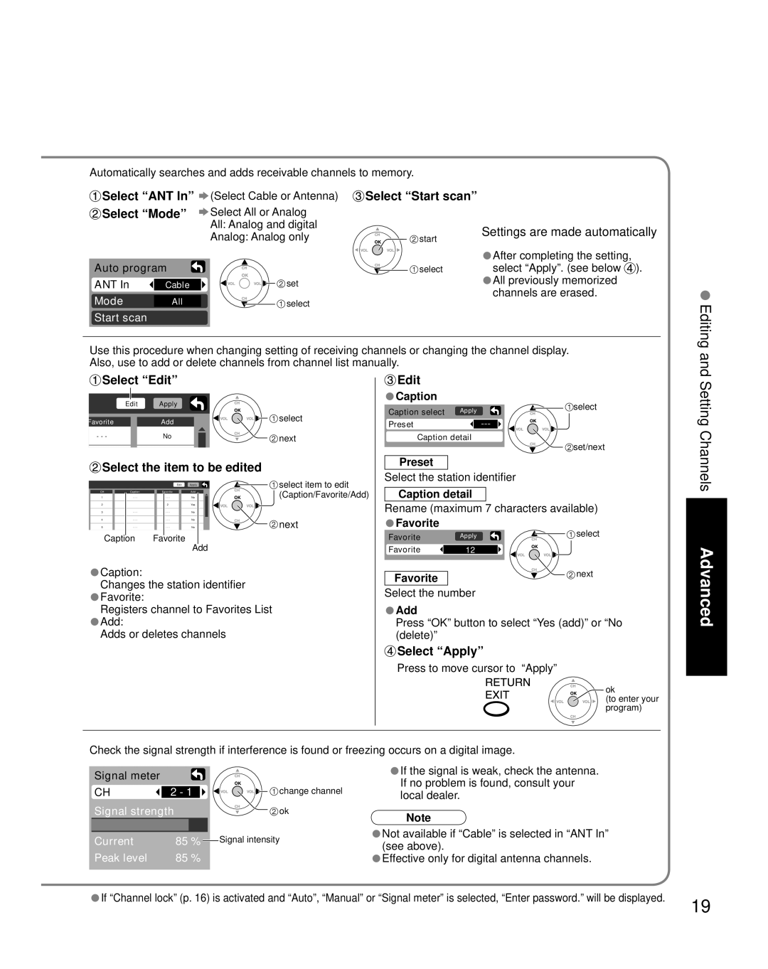 Panasonic TC 26LX600 Select Start scan Select Mode, Select Edit, Select the item to be edited, Select Apply 