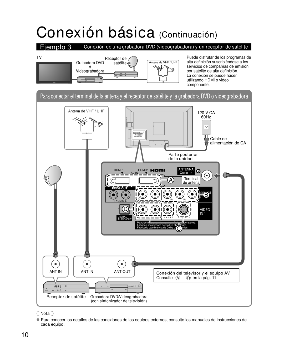 Panasonic TC-26LX85 quick start Conexión básica Continuación, Satélite, Conexión del televisor y el equipo AV, Nota 