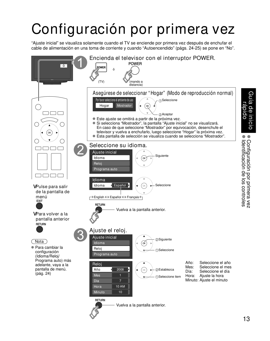 Panasonic TC-26LX85 Configuración por primera vez, Encienda el televisor con el interruptor Power, Seleccione su idioma 