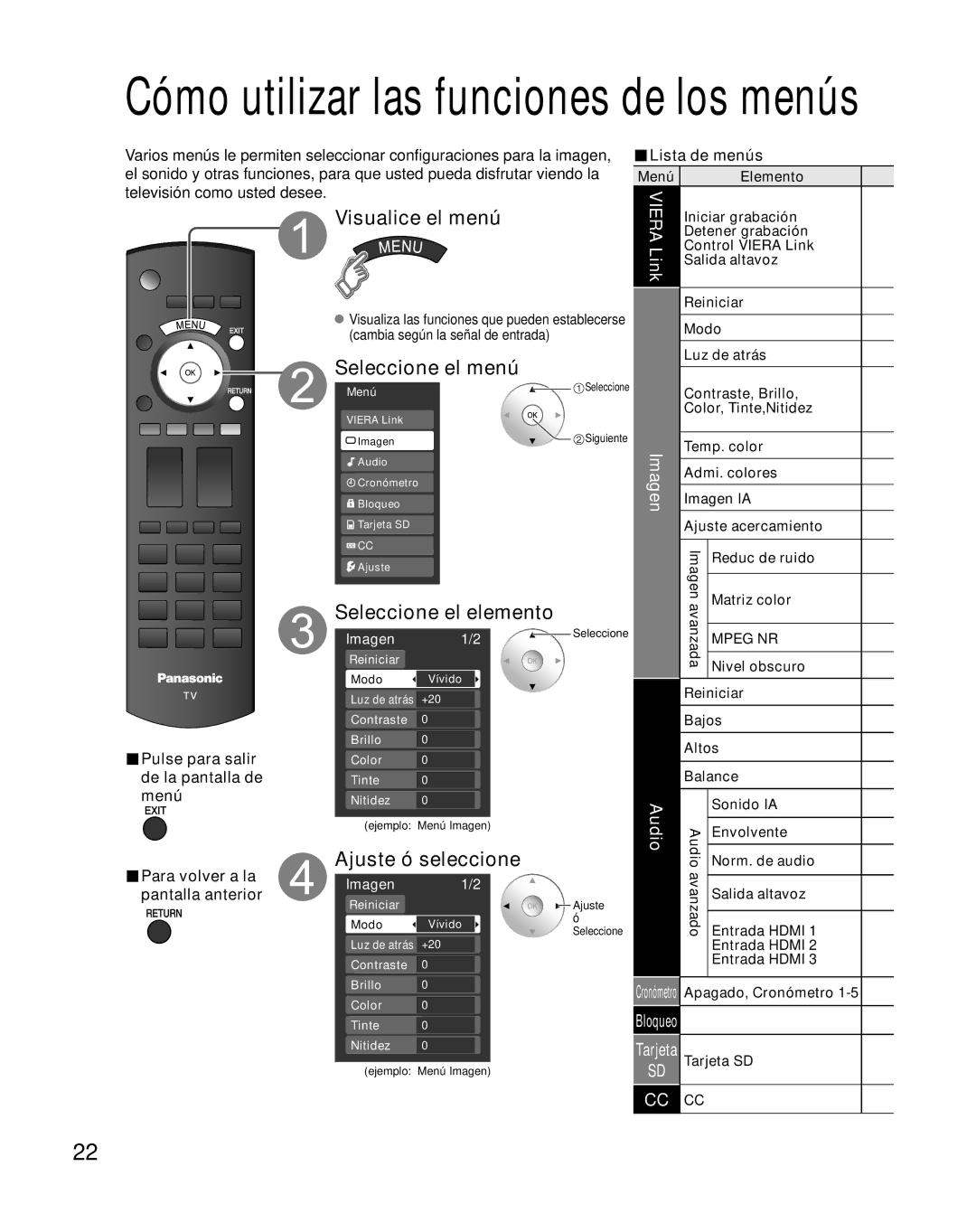 Panasonic TC-26LX85 quick start Visualice el menú, Seleccione el menú, Seleccione el elemento, Audio 