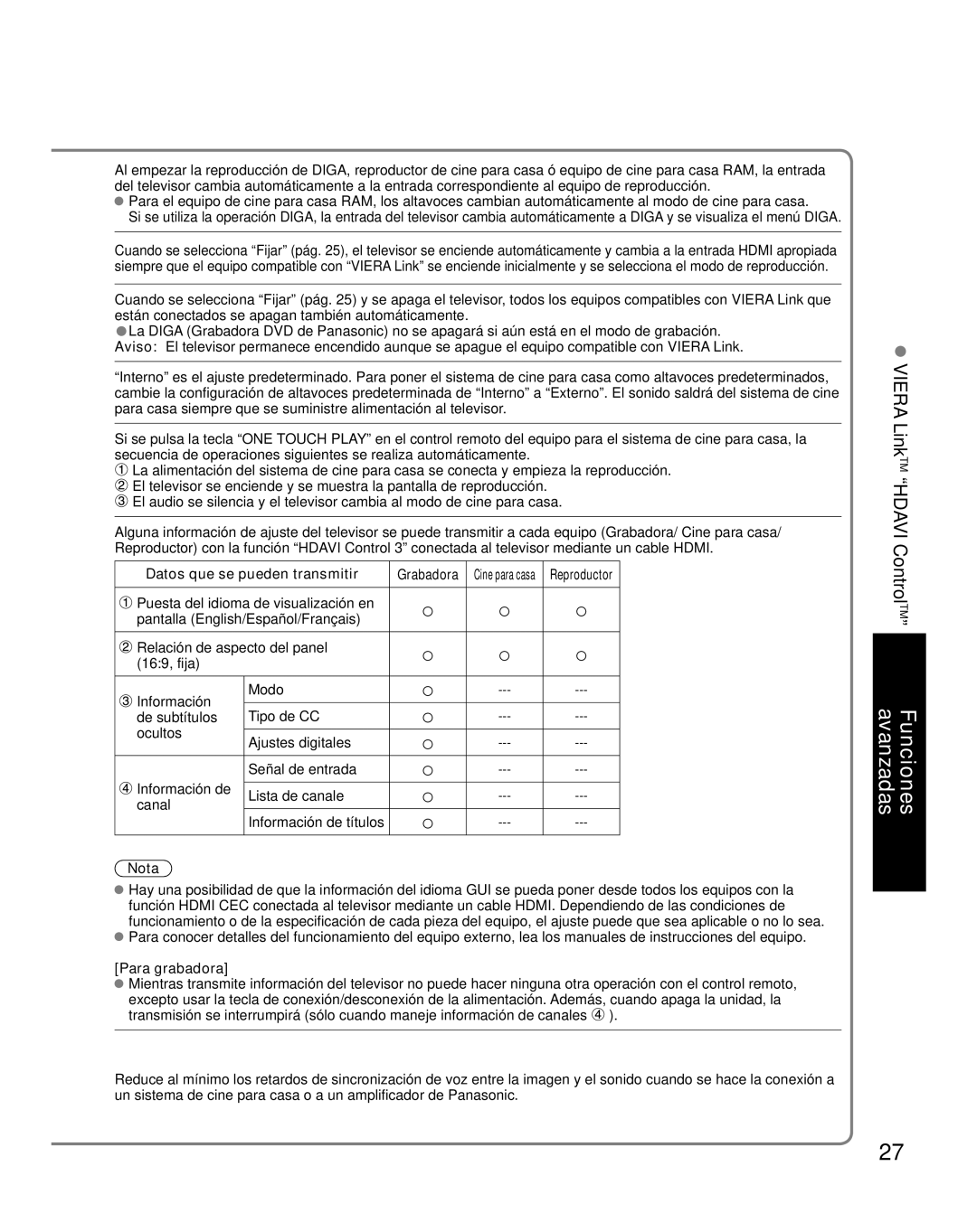 Panasonic TC-26LX85 quick start Datos que se pueden transmitir, Para grabadora 