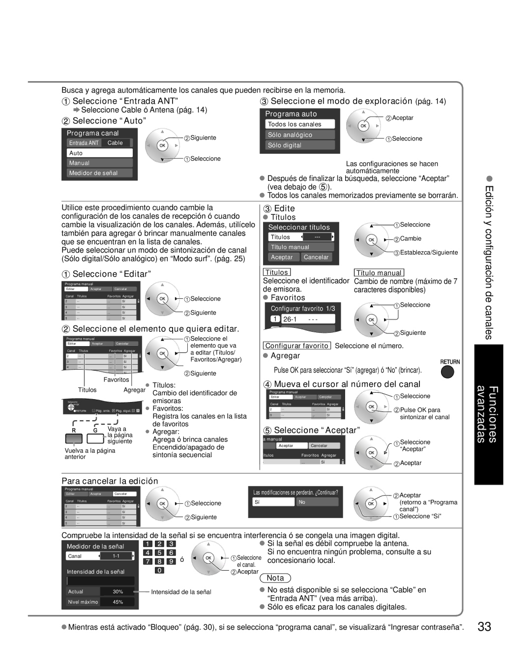 Panasonic TC-26LX85 Seleccione el modo de exploración pág, Seleccione Editar, Seleccione el elemento que quiera editar 