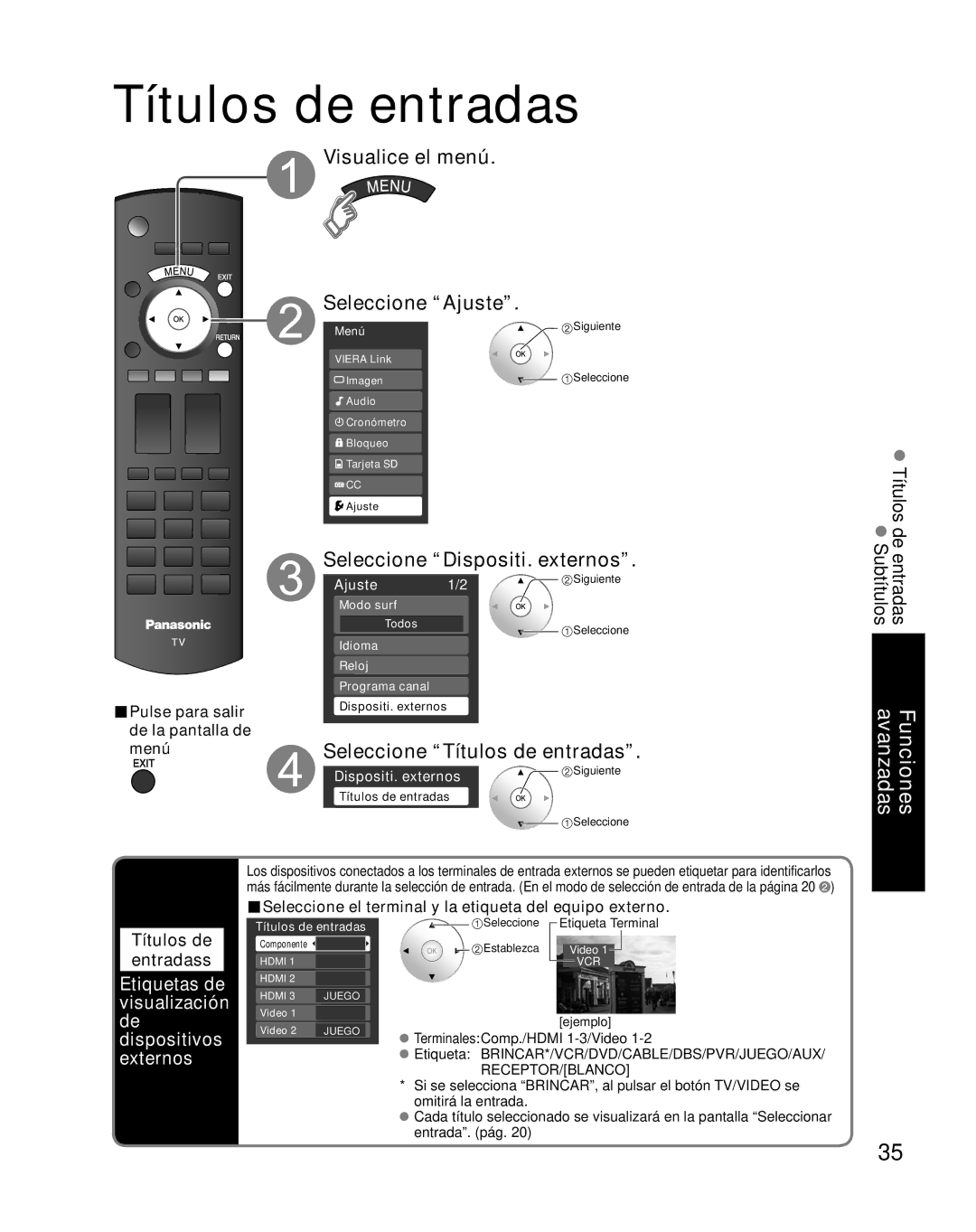 Panasonic TC-26LX85 quick start Títulos de entradas, Dispositi. externos 