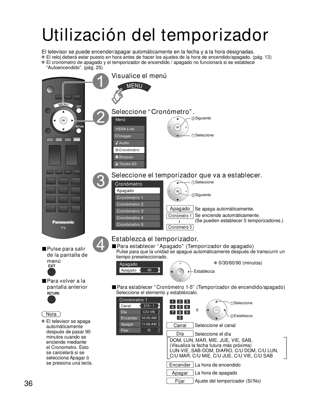 Panasonic TC-26LX85 Utilización del temporizador, Visualice el menú Seleccione Cronómetro, Establezca el temporizador 