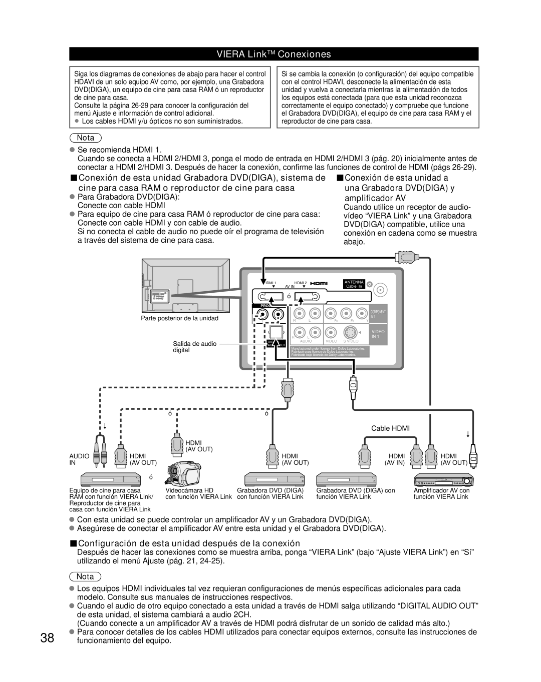 Panasonic TC-26LX85 Viera LinkTM Conexiones, Amplificador AV, Configuración de esta unidad después de la conexión 