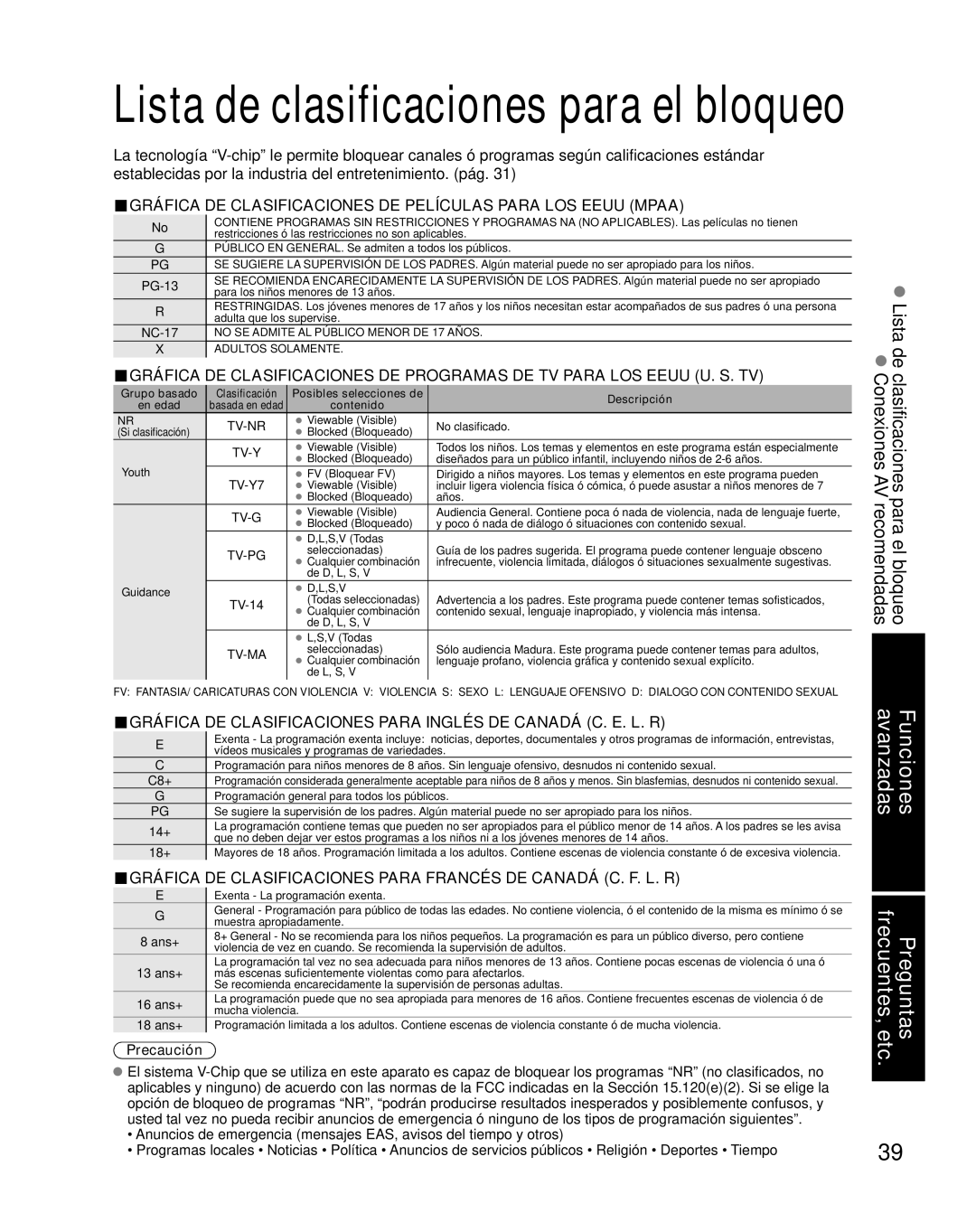 Panasonic TC-26LX85 quick start Lista de clasificaciones para el bloqueo 