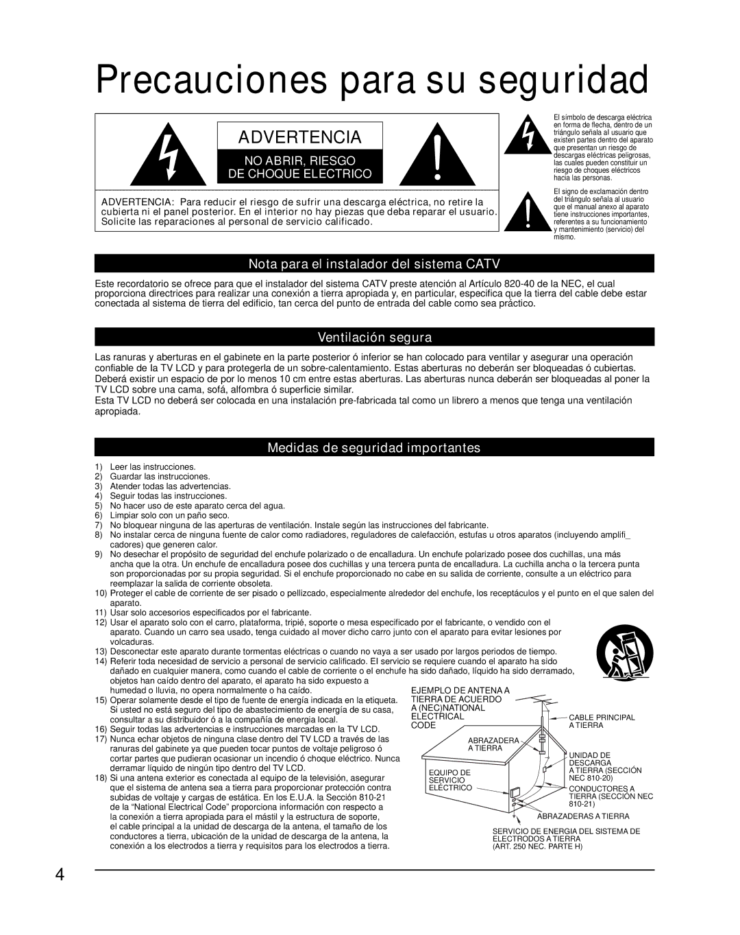 Panasonic TC-26LX85 Precauciones para su seguridad, Nota para el instalador del sistema Catv, Ventilación segura 