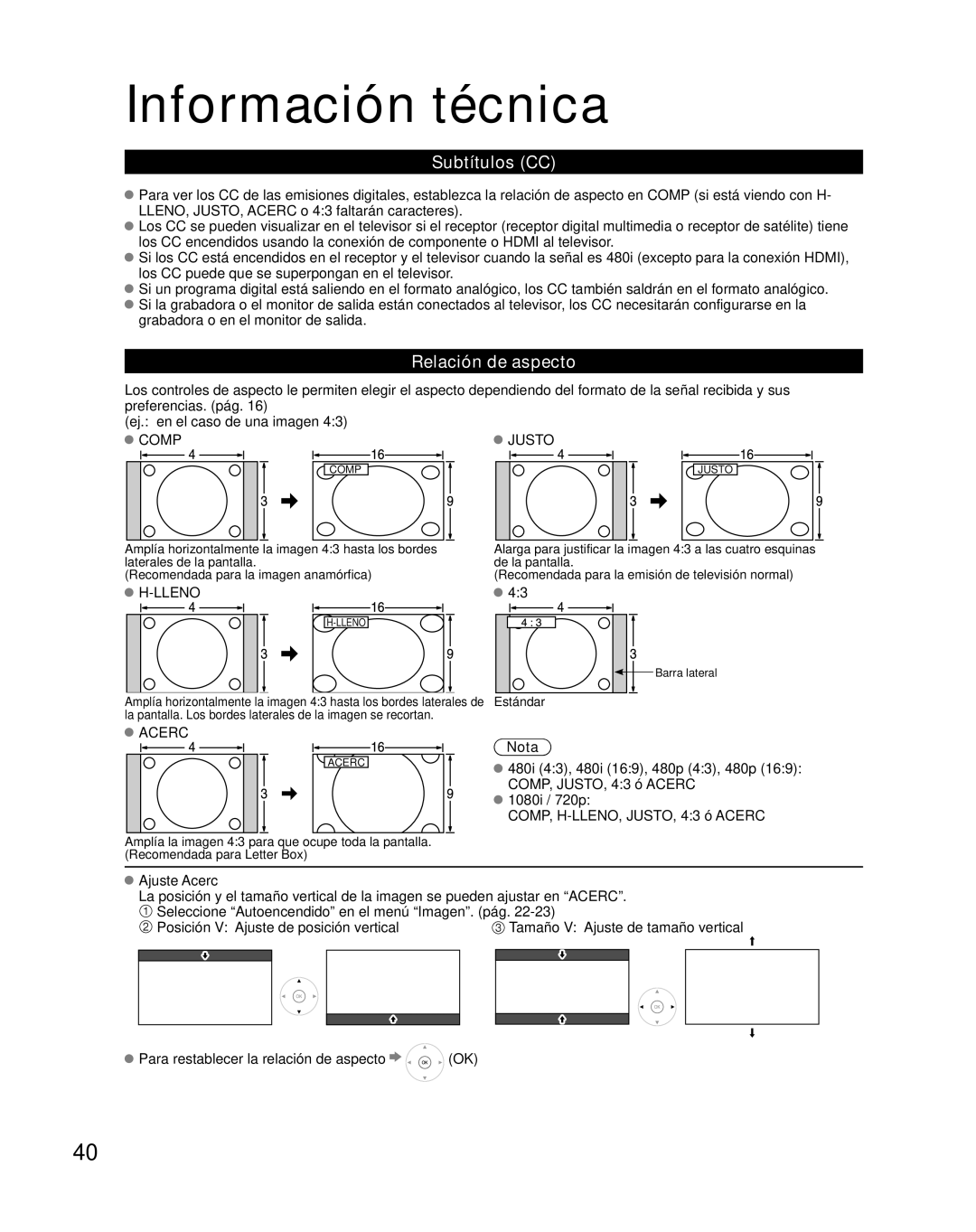 Panasonic TC-26LX85 quick start Información técnica, Subtítulos CC, Relación de aspecto 