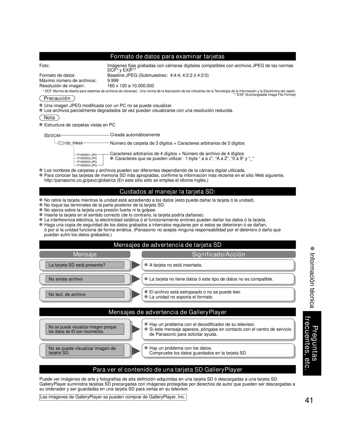 Panasonic TC-26LX85 quick start Formato de datos para examinar tarjetas, Cuidados al manejar la tarjeta SD 