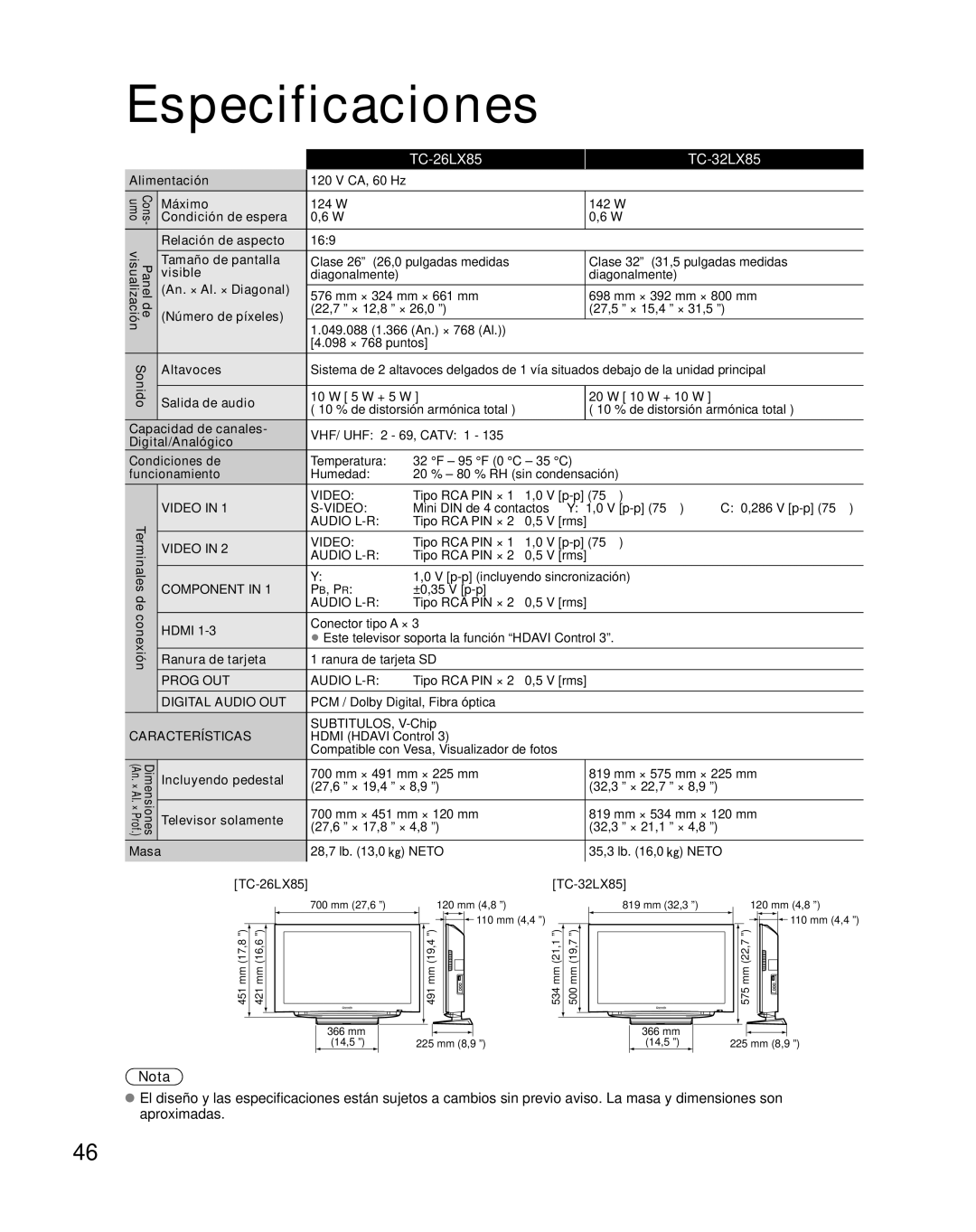 Panasonic quick start Especificaciones, TC-26LX85 TC-32LX85 