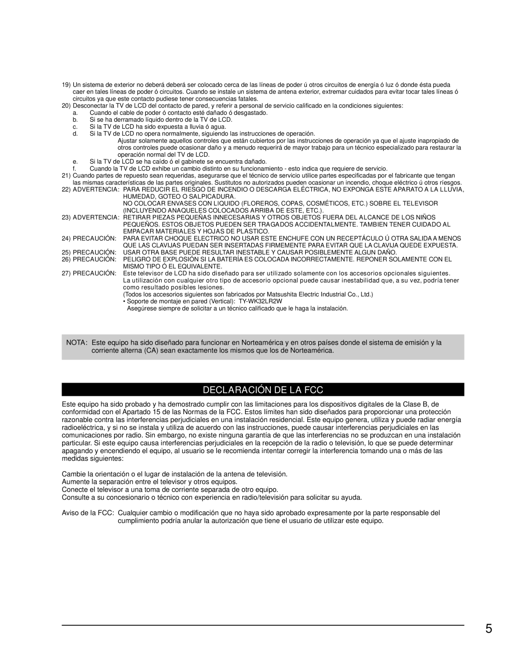 Panasonic TC-26LX85 quick start Declaración DE LA FCC 