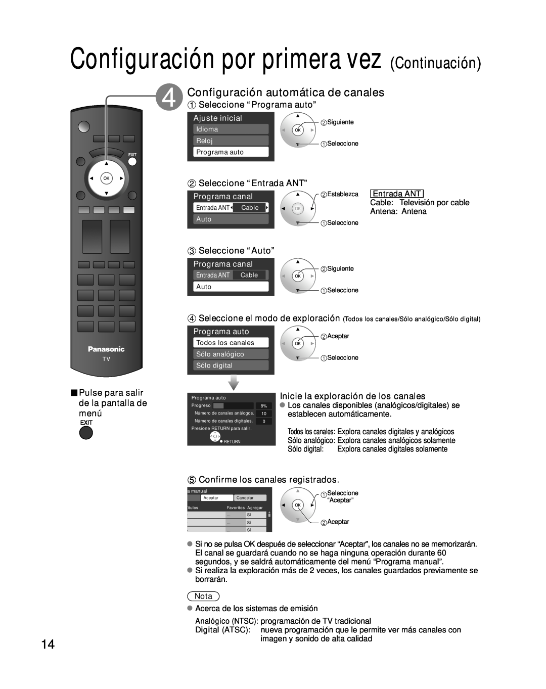 Panasonic TC-26LX85 quick start Configuración automática de canales, Seleccione “Programa auto”, Seleccione “Entrada ANT” 