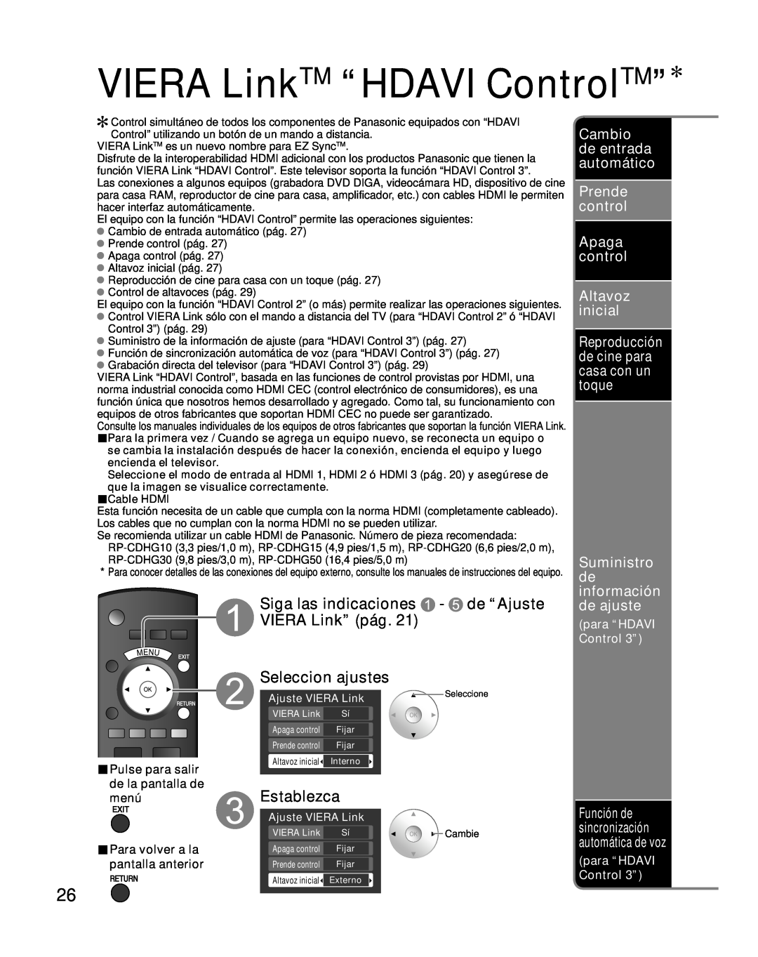 Panasonic TC-26LX85 VIERA LinkTM “HDAVI ControlTM”, Siga las indicaciones - de “Ajuste VIERA Link” pág, Seleccion ajustes 