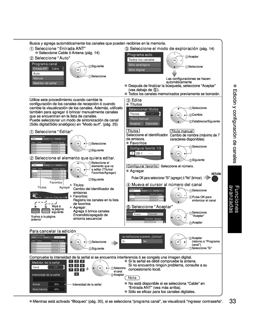 Panasonic TC-26LX85 Seleccione el modo de exploración pág, Seleccione “Editar”, Seleccione el elemento que quiera editar 