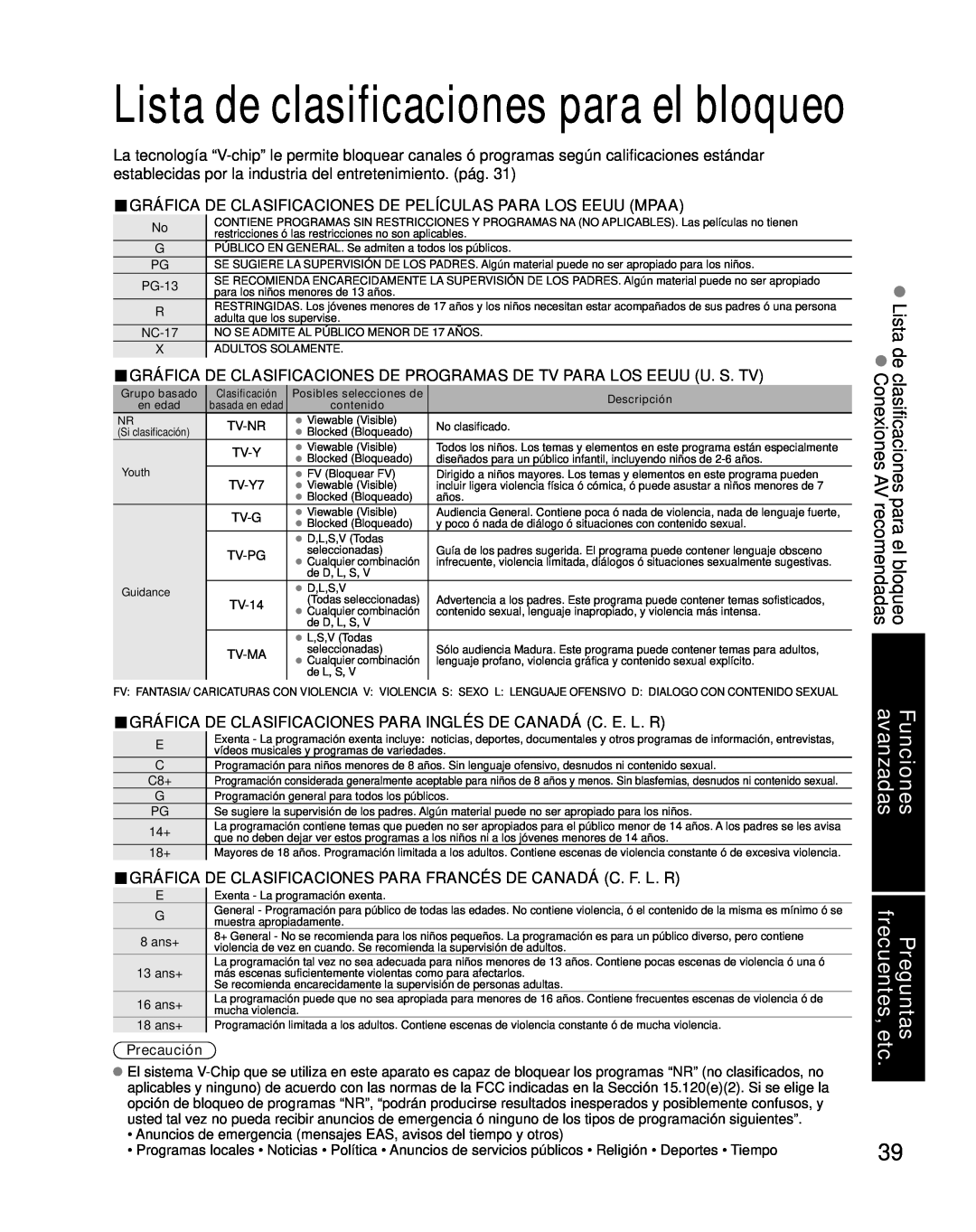 Panasonic TC-26LX85 quick start Lista de clasificaciones para el bloqueo, Funciones avanzadas Preguntas frecuentes, etc 