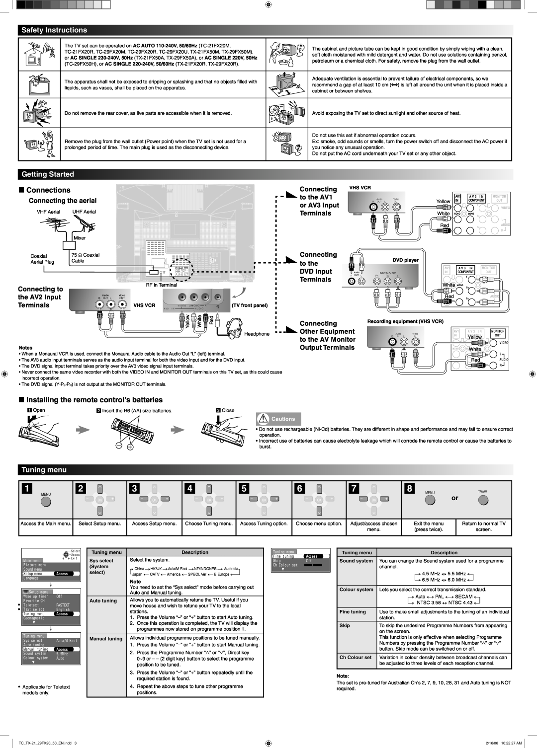 Panasonic TC-29FX20 Series Safety Instructions, Getting Started, L Connections, Tuning menu, Connecting the aerial 