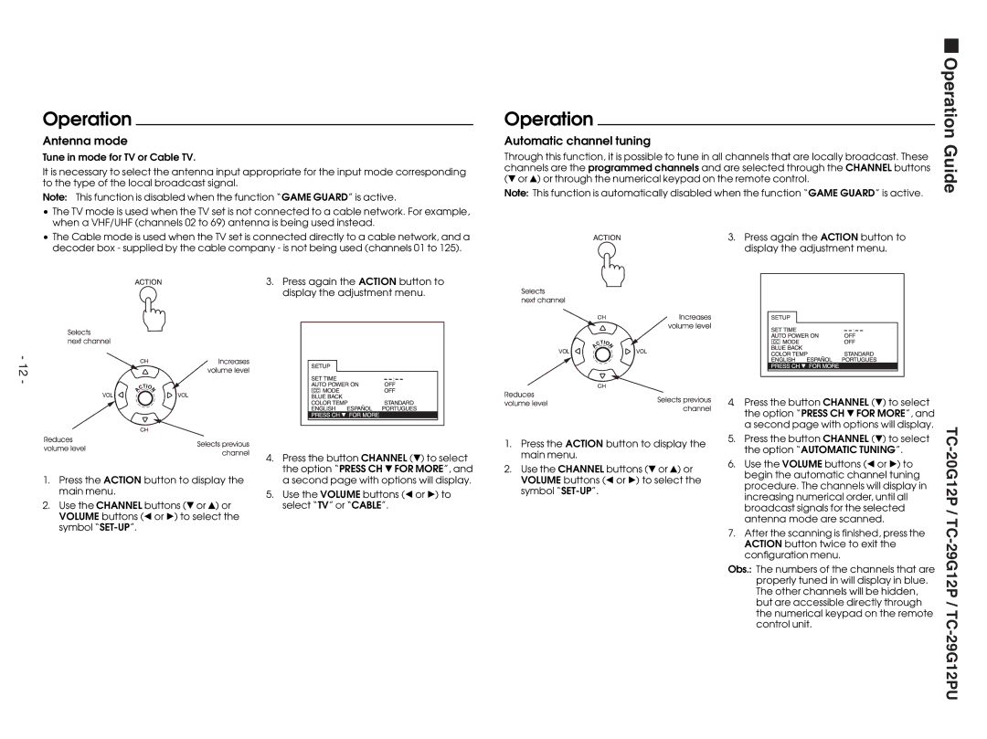 Panasonic TC-29G12P service manual Antenna mode, Automatic channel tuning 