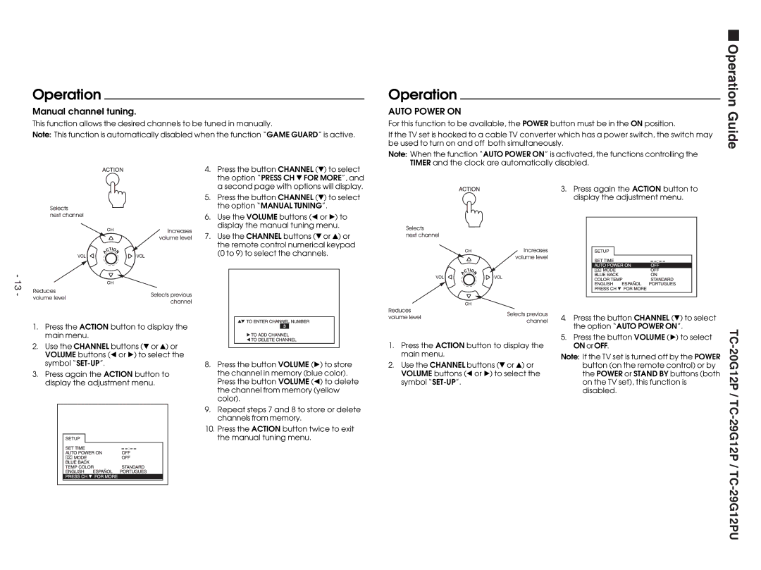 Panasonic TC-29G12P service manual Manual channel tuning, Auto Power on 