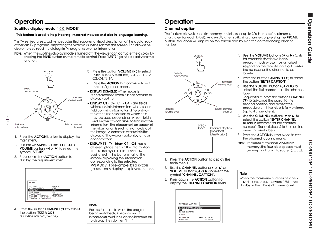 Panasonic TC-29G12P service manual Subtitles display mode cc Mode, Channel caption 