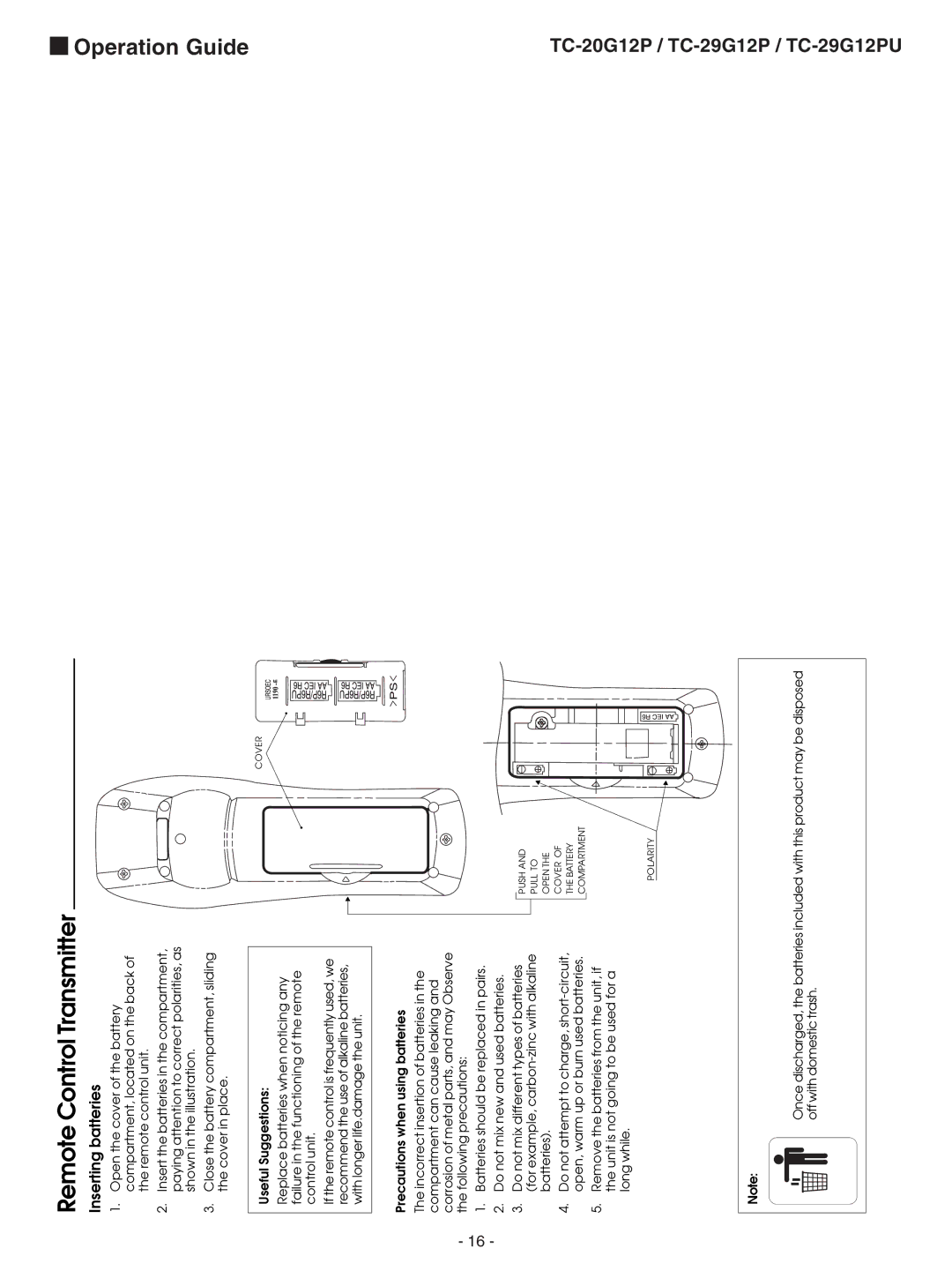 Panasonic TC-29G12P service manual Remote Control Transmitter, Inserting batteries 