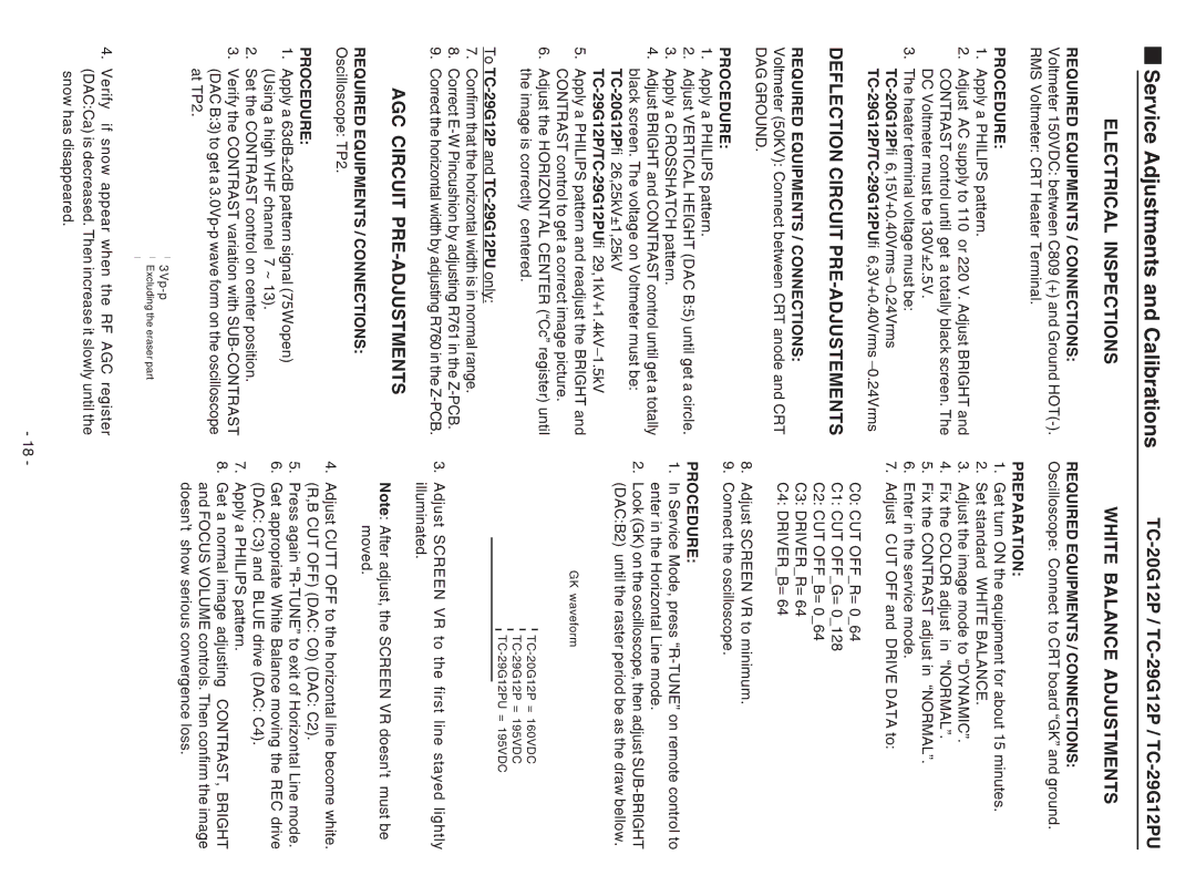 Panasonic TC-29G12P service manual Electrical Inspections, Deflection Circuit PRE-ADJUSTEMENTS, AGC Circuit PRE-ADJUSTMENTS 