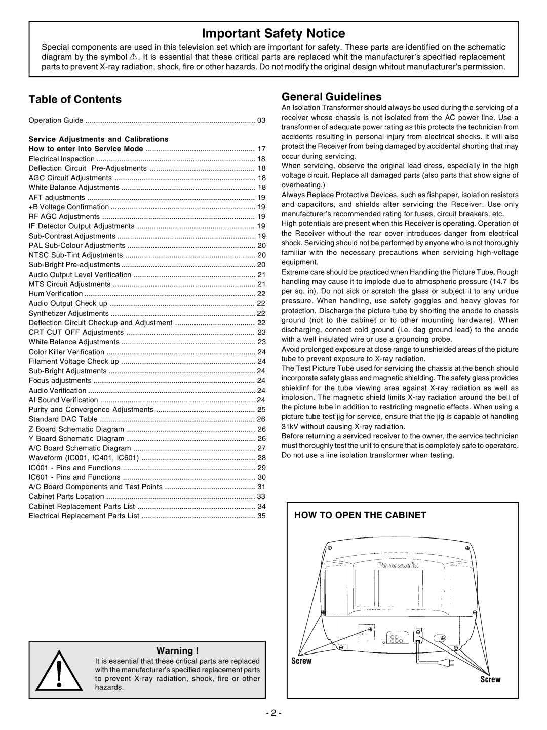 Panasonic TC-29G12P service manual Important Safety Notice, Table of Contents 