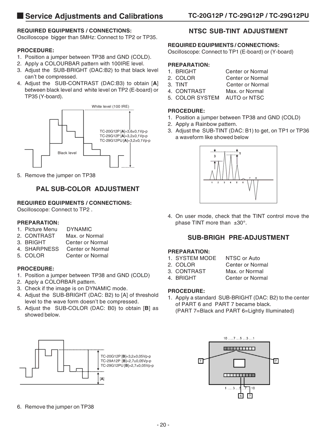 Panasonic TC-29G12P service manual PAL SUB-COLOR Adjustment, Ntsc SUB-TINT Adjustment, Sub-Brigh Pre-Adjustment 