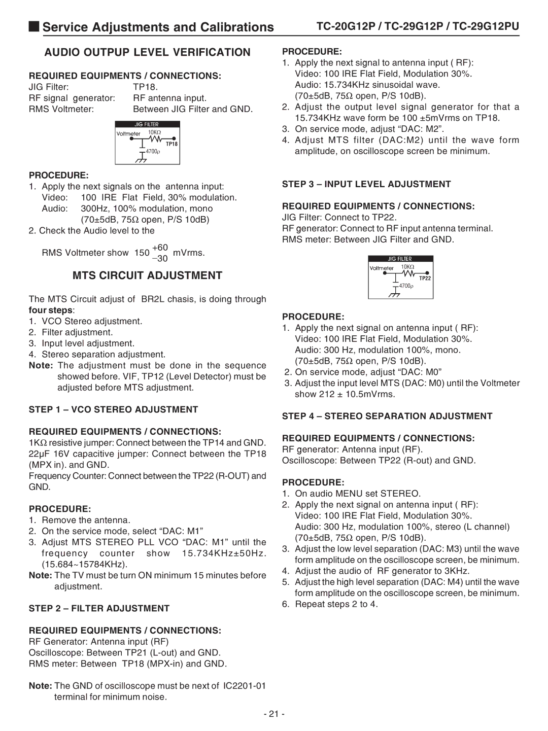 Panasonic TC-29G12P service manual Audio Outpup Level Verification, MTS Circuit Adjustment 