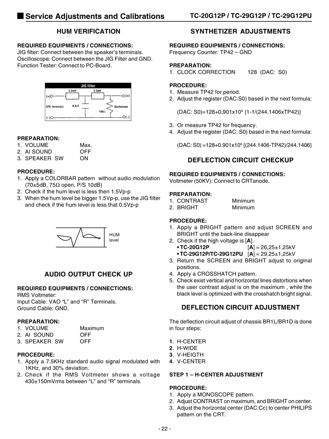 Panasonic TC-29G12P HUM Verification, Synthetizer Adjustments, Audio Output Check UP, Deflection Circuit Checkup 