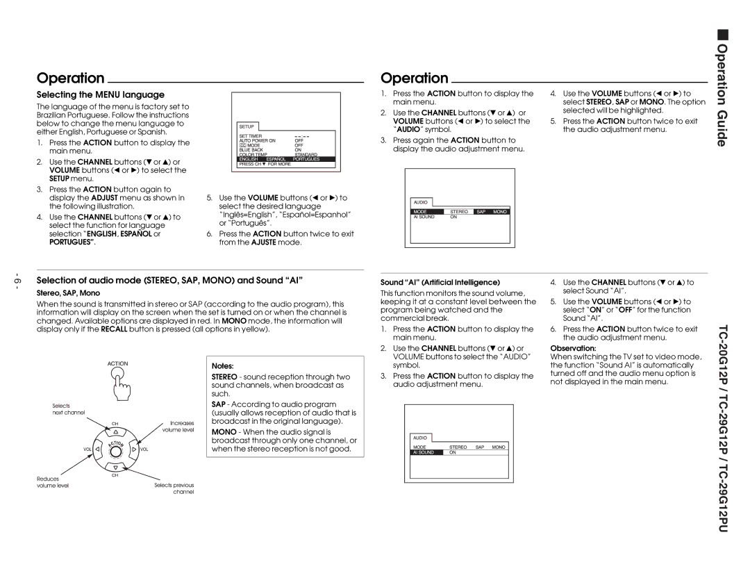 Panasonic TC-29G12P service manual Selecting the Menu language, Selection of audio mode STEREO, SAP, Mono and Sound AI 