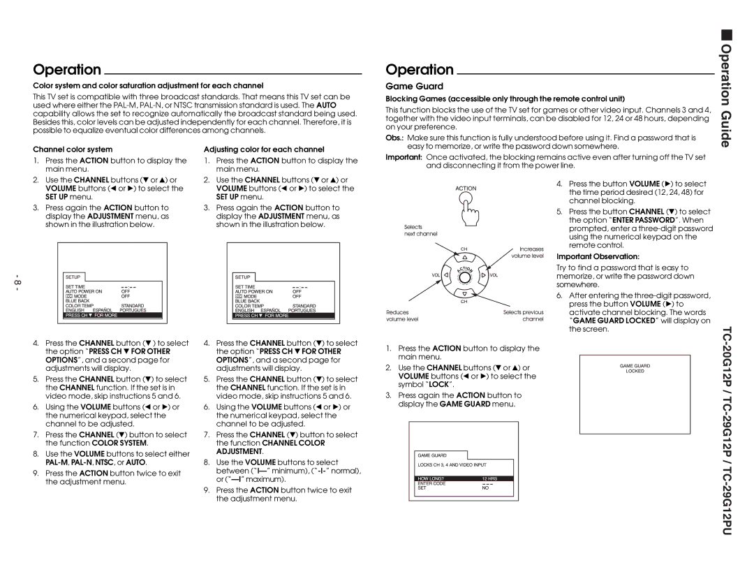 Panasonic TC-29G12P service manual Operation Guide, Game Guard 