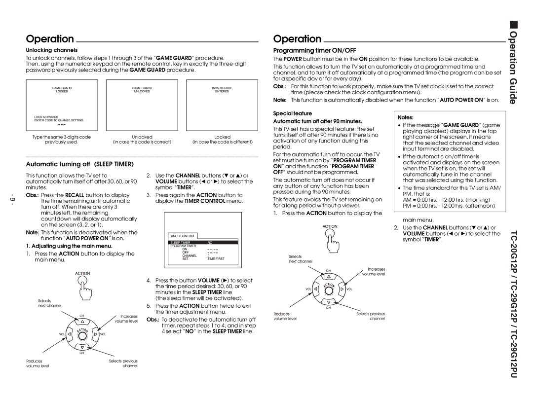 Panasonic TC-29G12P service manual Programming timer ON/OFF, Automatic turning off Sleep Timer 