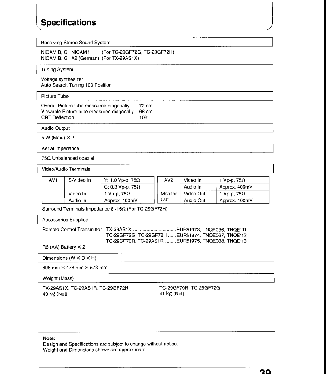 Panasonic TX-29AS1X, TC-29GF72G, TC-29GF72H, TC-29AS1R, TC-29GF70R manual 