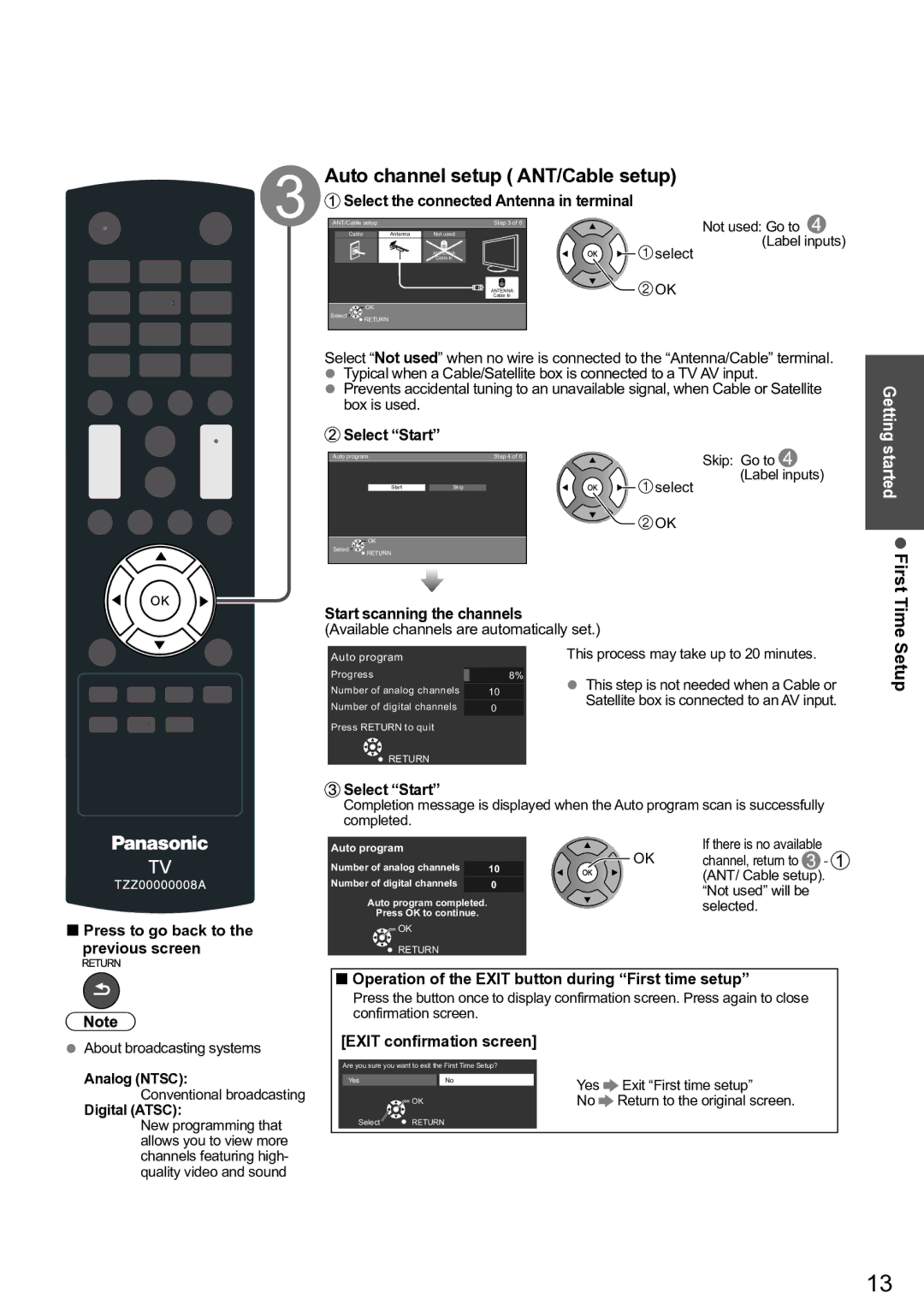 Panasonic TC-32 LC54, TC-L32C5X, TC-L42U5X owner manual Auto channel setup ANT/Cable setup, Setup 