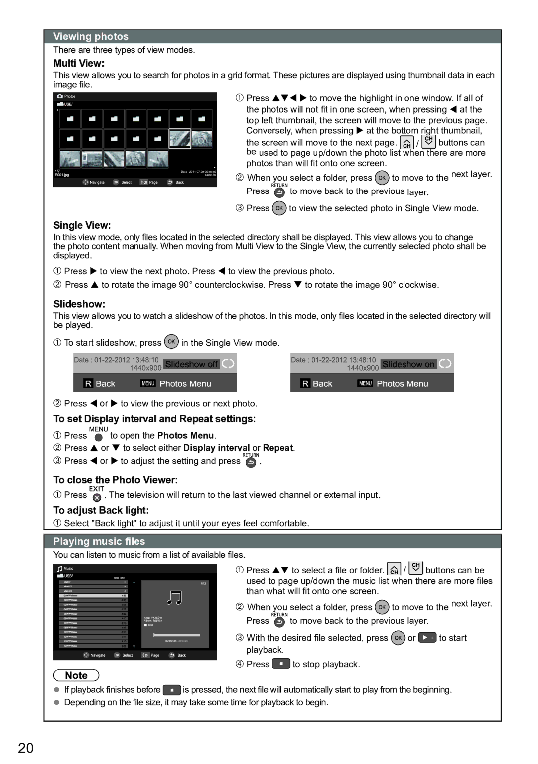 Panasonic TC-32 LC54, TC-L32C5X, TC-L42U5X owner manual Viewing photos, Playing music files 