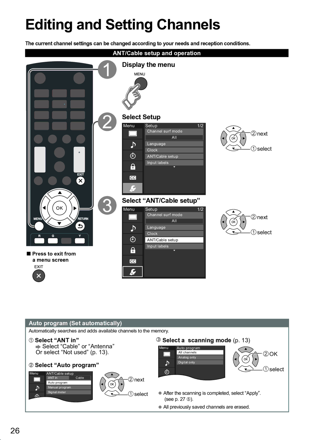 Panasonic TC-L32C5, TC-32 LC54 Editing and Setting Channels, Display the menu Select Setup, Select ANT/Cable setup 