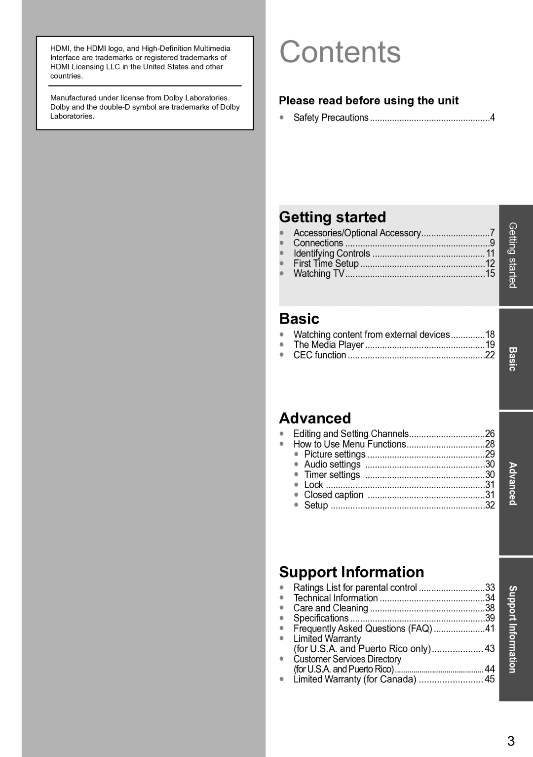 Panasonic TC-32 LC54, TC-L32C5X, TC-L42U5X owner manual Contents 