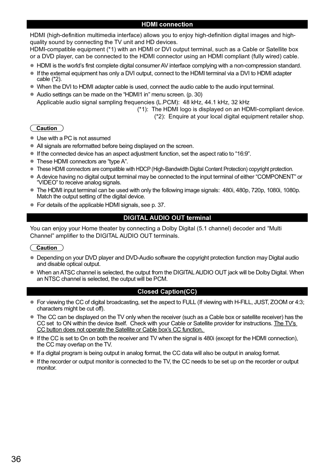 Panasonic TC-32 LC54, TC-L32C5X, TC-L42U5X owner manual Hdmi connection, Digital Audio OUT terminal, Closed CaptionCC 