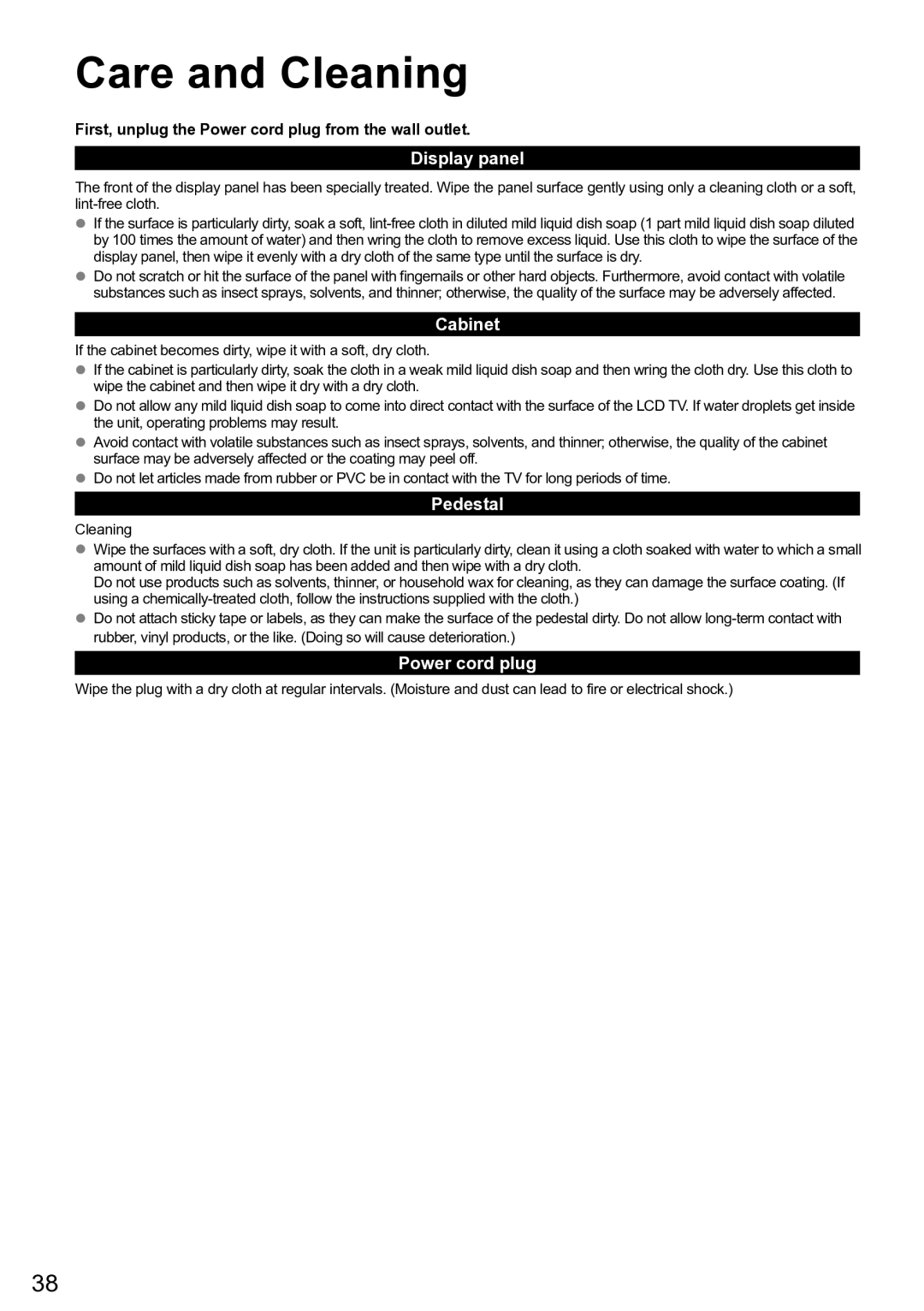 Panasonic TC-32 LC54, TC-L32C5X, TC-L42U5X Care and Cleaning, Display panel, Cabinet, Pedestal, Power cord plug 