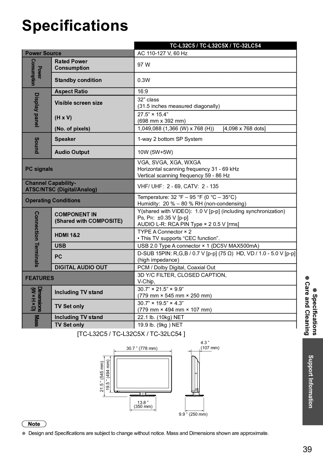 Panasonic TC-L42U5X, TC-32 LC54, TC-L32C5X owner manual Specifications 