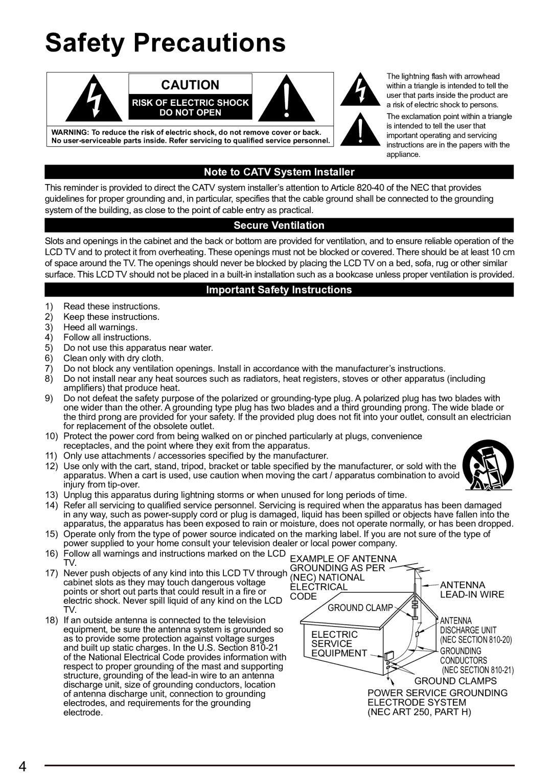 Panasonic TC-L42U5X, TC-32 LC54, TC-L32C5X Safety Precautions, Secure Ventilation, Important Safety Instructions 