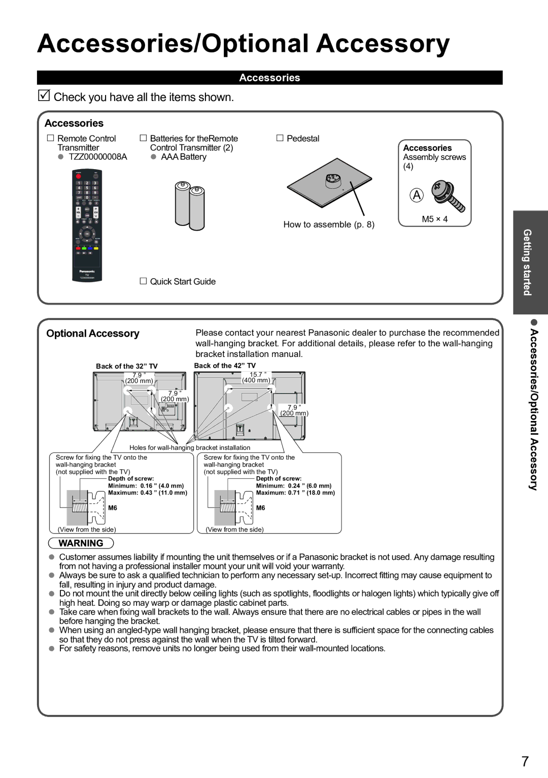 Panasonic TC-L32C5X, TC-32 LC54, TC-L42U5X owner manual  Accessories/Optional Accessory 