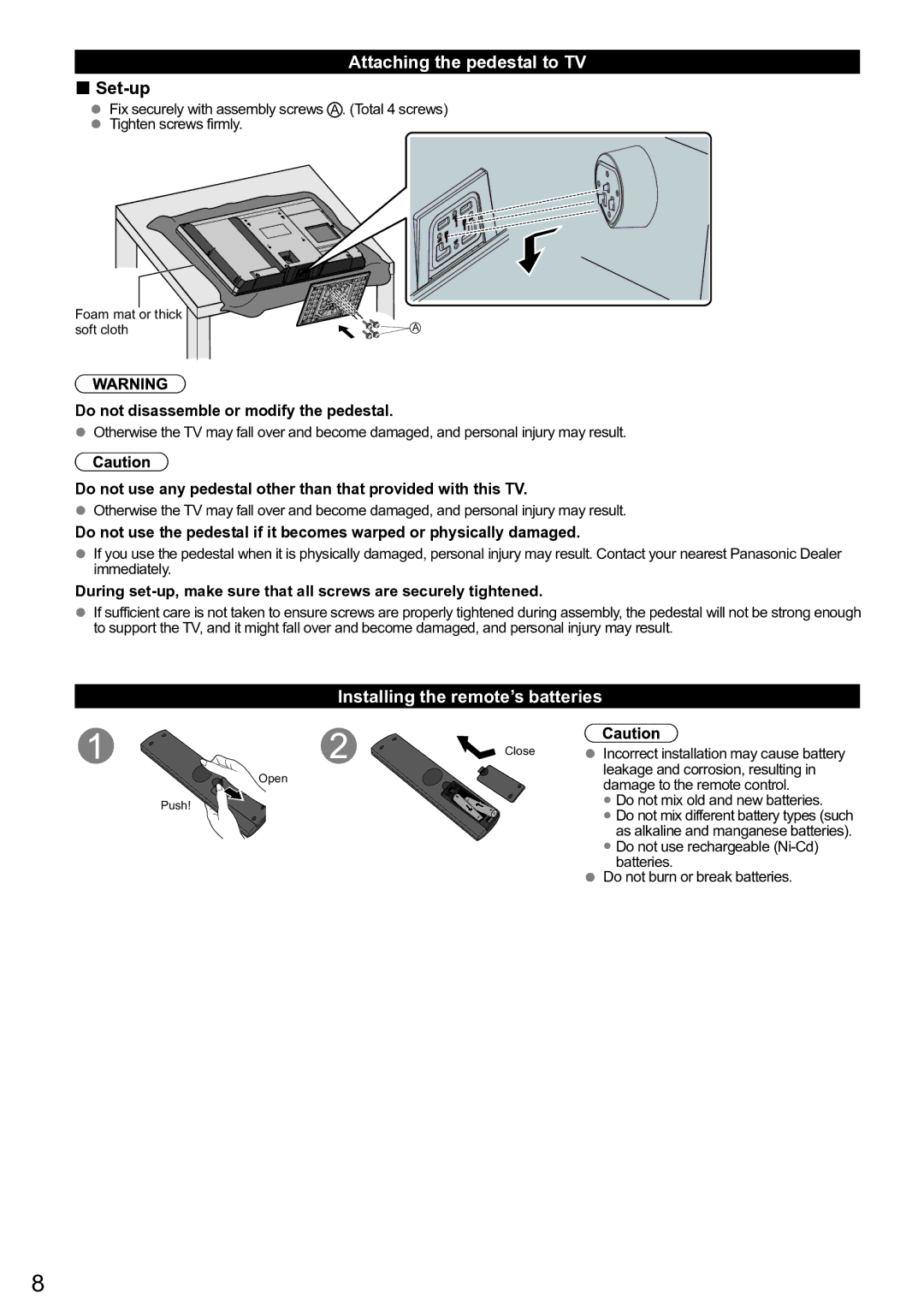 Panasonic TC-L42U5, TC-32 LC54, TC-L32C5 Attaching the pedestal to TV,  Set-up, Installing the remote’s batteries 