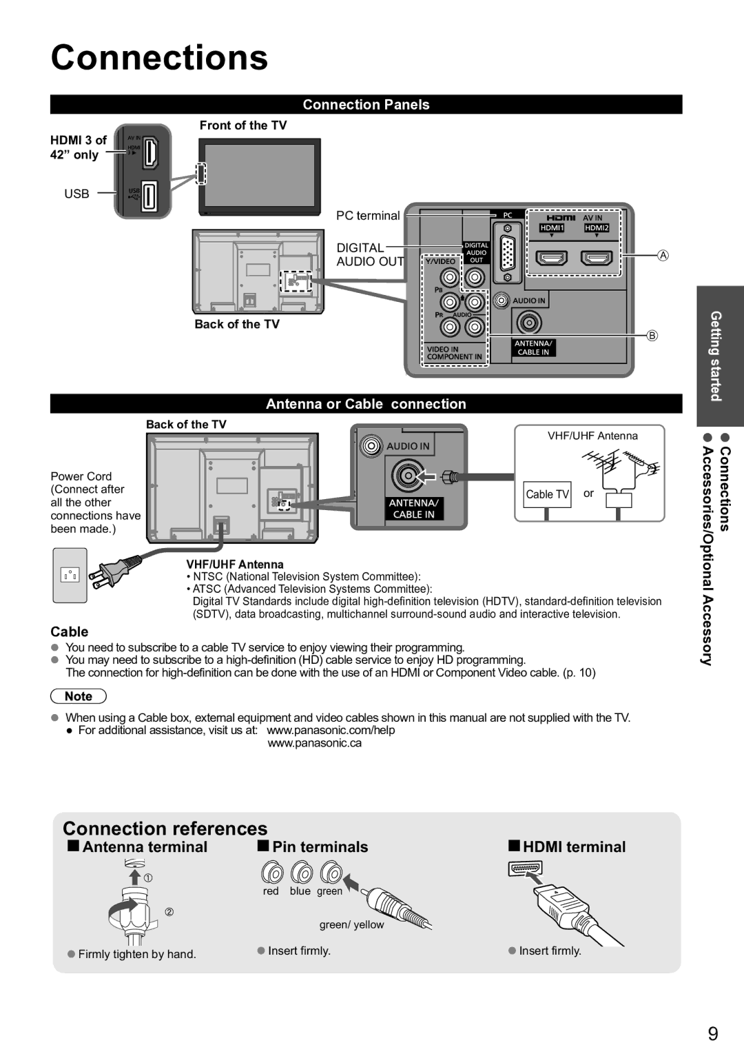 Panasonic TC-L42U5X, TC-32 LC54, TC-L32C5 Connections, Hdmi terminal, Antenna terminal Pin terminals, Connection Panels 