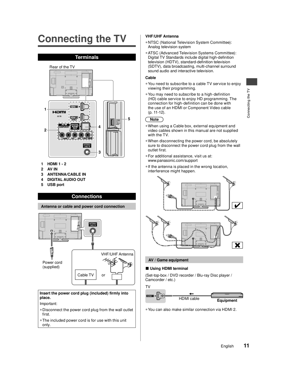 Panasonic TC-39A400U, TC-32A400U, TC-40A420U Connecting the TV, Terminals, Connections, ANTENNA/CABLE Digital Audio OUT 