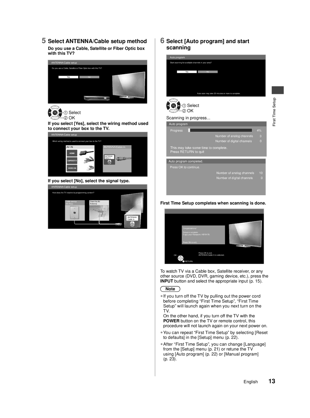 Panasonic TC-40A420U, TC-32A400U, TC-39A400U Select ANTENNA/Cable setup method, Select Auto program and start scanning 