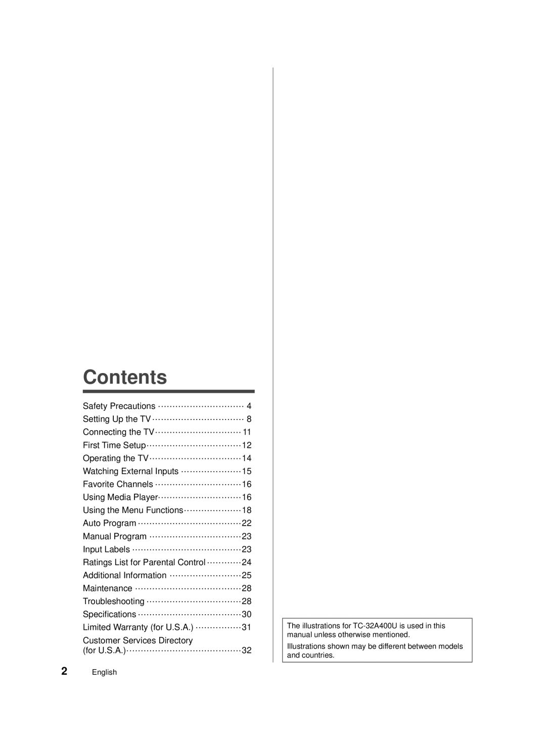 Panasonic TC-39A400U, TC-32A400U, TC-40A420U owner manual Contents 