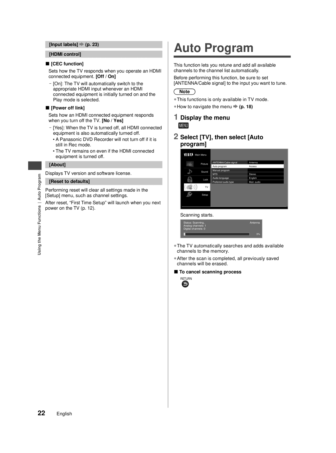 Panasonic TC-40A420U, TC-32A400U, TC-39A400U owner manual Auto Program, Select TV, then select Auto program 